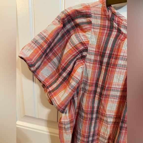 LOFT Plaid Flutter Sleeve Top With Button Detail Down Back - Picture 3 of 8
